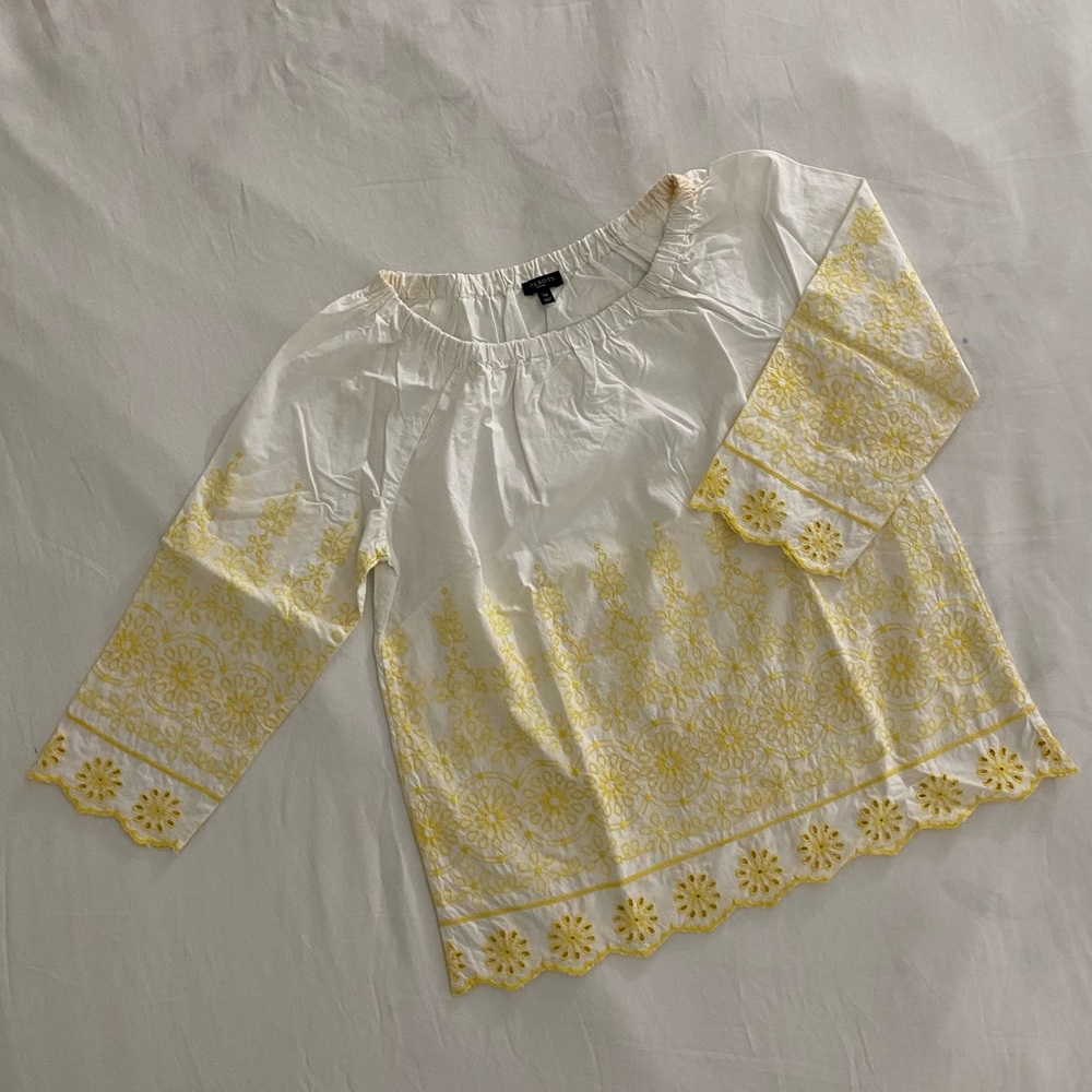 Talbots 3/4 Sleeves White w/ Yellow Lacing Blouse